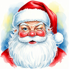 Watercolor Santa Claus winking eye, christmas painting 