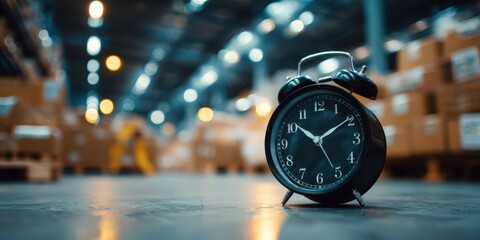 Black Alarm Clock on Warehouse Floor Highlighting Time Management and Logistics