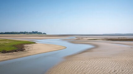 Sandy tidal riverbed with a clear blue-grey water channel.