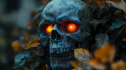 Glowing Skull Amidst Autumn Leaves Halloween Decoration