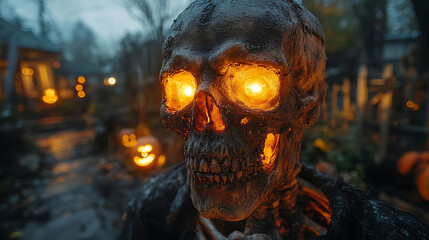 Illuminated Halloween Skeleton Skull Decor in Spooky Backyard Setting