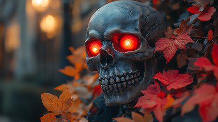 Glowing Skull in Autumn Leaves - Halloween Decoration