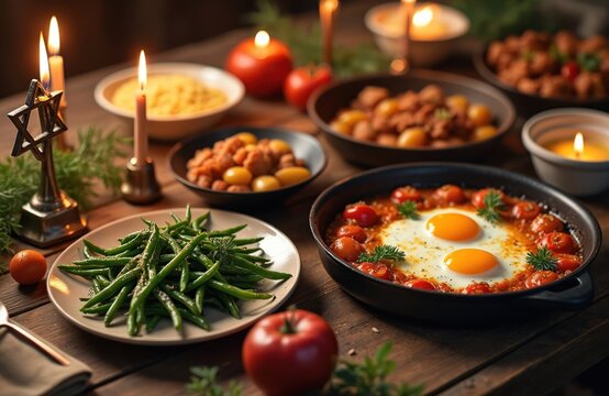 Shabbat table setting with burning candles, Shabbat star, kosher food dishes. Features green beans, eggs in tomato sauce, various food bowls. Traditional Jewish family meal, faith, culture, - Powered by Adobe