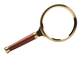 Classic magnifying glass with a wooden handle and gold frame for search. Isolated on transparent background, png