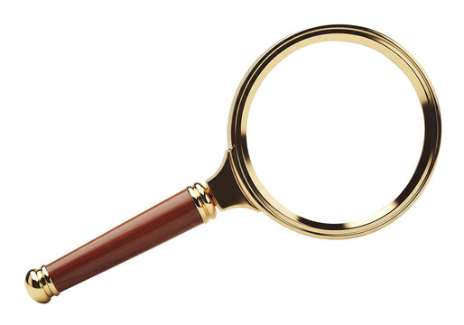 Classic magnifying glass with a wooden handle and gold frame for search. Isolated on transparent background, png
