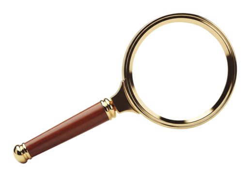 Classic magnifying glass with a wooden handle and gold frame for search. Isolated on transparent background, png