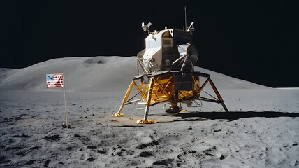 Iconic lunar module and American flag stand on the moon's surface under a dark sky