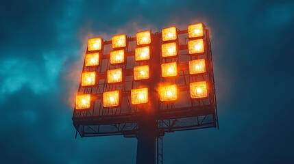 Illuminated Stadium Floodlights Against a Dramatic Twilight Sky