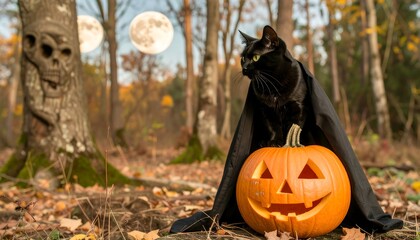 Black cat in a Halloween forest setting