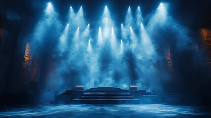Dramatic Stage Lighting with Blue Haze and Empty Stage