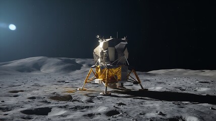 Historic lunar module lands on Moon's desolate surface under starry sky, pioneering space exploration