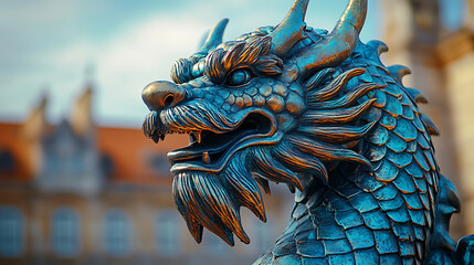 Majestic Bronze Dragon Statue in Urban Setting