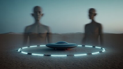 Mysterious alien landing in desert with ethereal figures watching