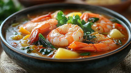 Steaming Bowl of Spicy Shrimp and Potato Stew with Cilantro Garnish