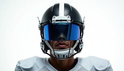 American football player stares forward wearing black helmet with blue visor. White background highlights player focus and determination. Sports equipment designed for protection and performance.