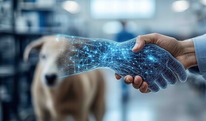 Digital handshake between human and virtual technology in an innovative veterinary clinic setting with a dog in the background
