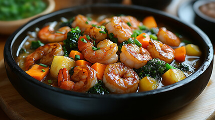 Delicious Spicy Shrimp Stir-Fry with Vegetables in a Black Bowl