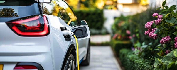 Fototapeta premium Electric car charging beside vibrant flowers in a stylish garden setting during sunset hours