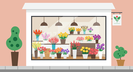 Obraz premium Vibrant flower shop display with colorful floral arrangements in storefront window. Vector illustration