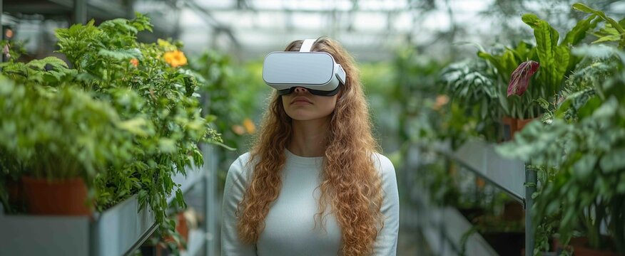Woman wearing virtual reality headset surrounded by lush greenery in a greenhouse, exploring innovative technology and nature