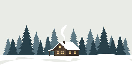 Snowy winter cabin in pine forest with smoke from chimney on a calm day. Vector illustration