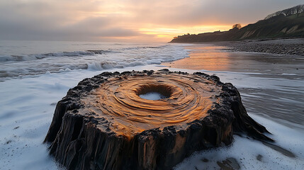 Golden Hour Tree Stump on Coastal Beach at Sunset