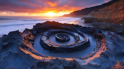 Spiral Rock Formation at Sunset on Ocean Coastline
