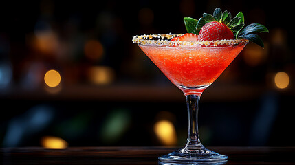 Strawberry Martini Cocktail in a Martini Glass with Sugar Rim