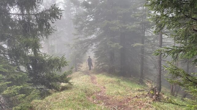 Wanderer geht durch den Nebel auf einem Pfad durch den Bergwald zum Gipfel des Strohnkopf, Chiemgau, Alpen, Bayern, Deutschland
