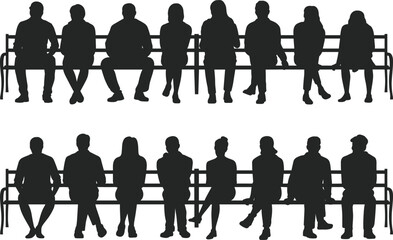Silhouettes of people sitting, facing forward on benches, white background, diverse posture