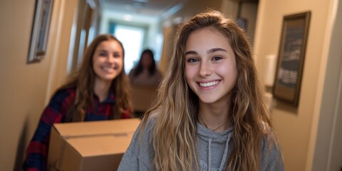 College students moving into dormitory during early morning hours with smiles and excitement shared among friends