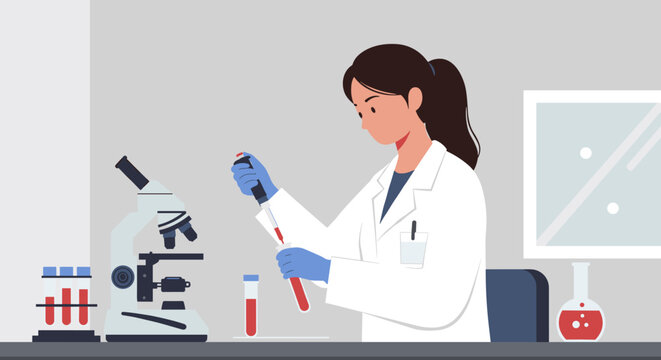 Female scientist in laboratory with microscope and test tubes conducting experiment. Vector illustration