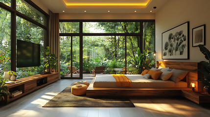 Serene Modern Bedroom with Floor-to-Ceiling Windows and Lush Garden Views