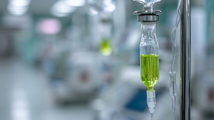 IV bag with greenish liquid, hanging in a hospital room