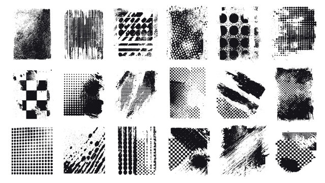 Punk grunge texture set. Distressed halftone geometric pattern collage. Poster overlay glitched vector effect
