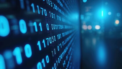 Digital screen displays glowing blue binary code, sequence of zeros, ones. Abstract background with futuristic cyberspace grid pattern. Information flow suggests programming, data processing, cyber