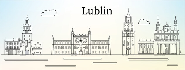 Lublin city skyline with main landmarks (Krakowska gate, Castle, Cathedral and Trynitarska tower)  - line art vector illustration