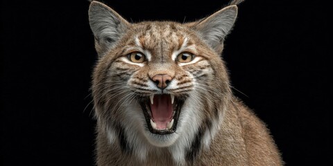 Obraz premium Close-Up Portrait of a Bobcat Showing Sharp Teeth and Intense Gaze