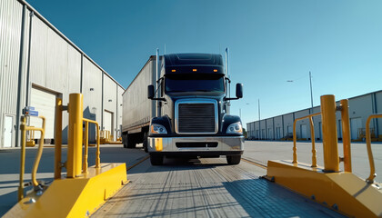 Black semi-truck with trailer waits for weighing procedure on industrial scale platform. AI-generated art shows transport logistics operation at warehouse facility. Blue sky, bright sunny day.
