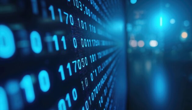 Digital screen displays glowing blue binary code, sequence of zeros, ones. Abstract background with futuristic cyberspace grid pattern. Information flow suggests programming, data processing, cyber