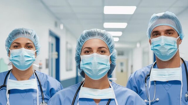 Professional medical team of three doctors preparing for surgery putting on protective masks in hospital operating room