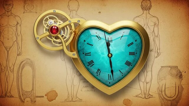 Steampunk heart clock with gears and anatomical drawings