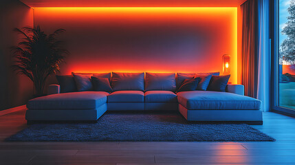 Modern Living Room Interior with Ambient LED Lighting and Sectional Sofa