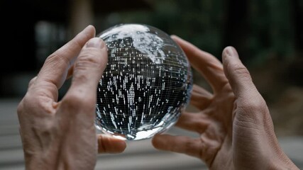 Man analyzing a digital globe with data, representing global network, big data, and future technology footage. - Powered by Adobe