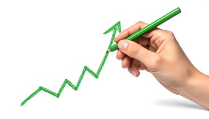 A hand drawing a rising green graph