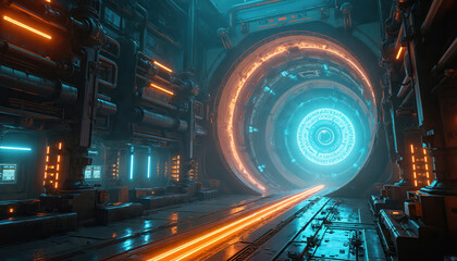Futuristic industrial interior featuring complex machinery, glowing neon portal. Metallic tunnel structure with orange, blue illumination. Abstract engineering design evoking advanced technology,