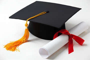 graduation cap and diploma Mortar and grade on white background