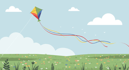 Colorful kite flying in a clear blue sky over a flower-filled meadow. Vector illustration
