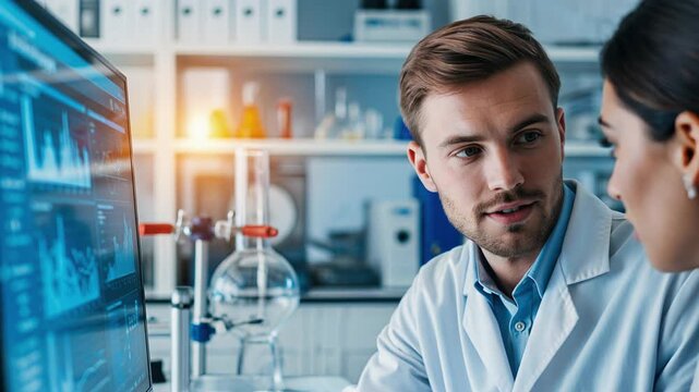 Medical researchers discussing scientific findings and breakthrough discoveries while analyzing important research data in modern laboratory