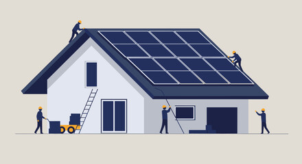 Workers installing solar panels on modern house roof with precise coordination. Vector illustration
